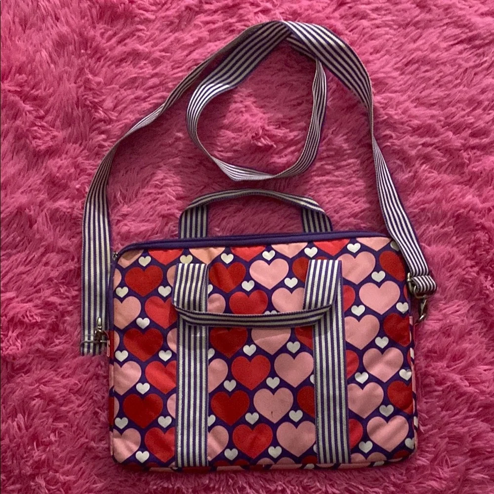 Heart-Print Laptop Tote in Red and Pink with Striped Strap